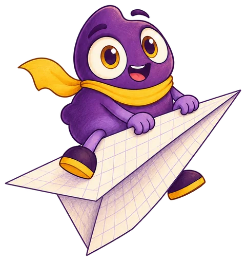 Mascote voando num avião de papel