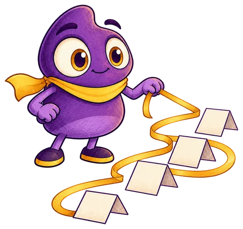 Mascote ligando cartões com uma fita, um de cada vez